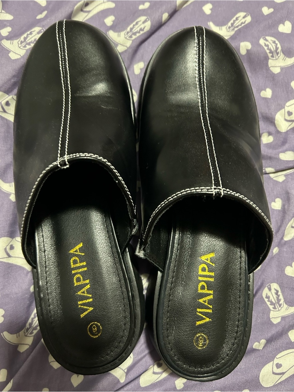 Viapipa Black Slip-On Mules with White Stitching